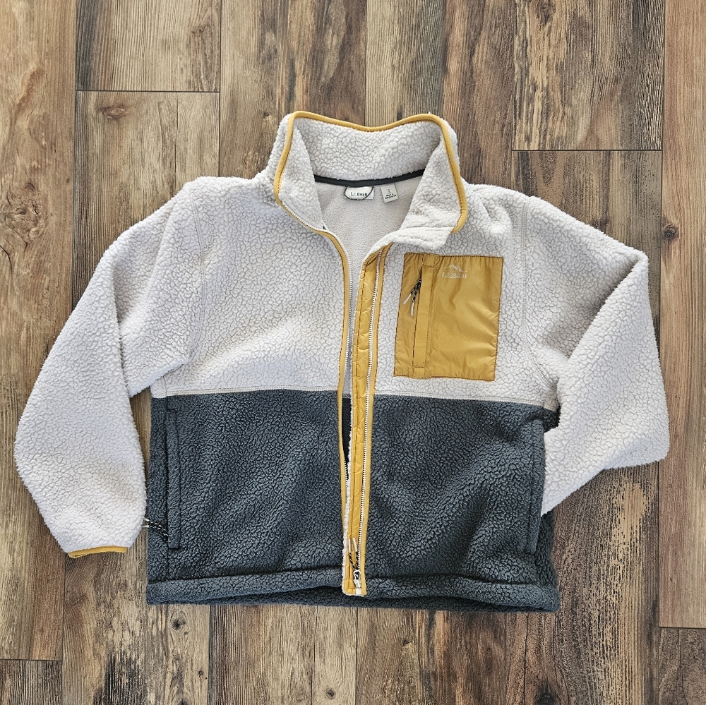 L.L. Bean Gray Green and Yellow Sherpa Fleece Jacket - Size Petite Small